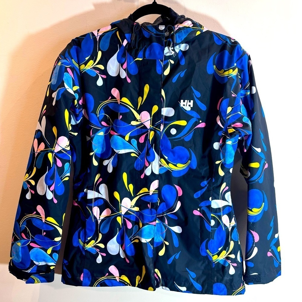 HELLY HANSEN Sz M Rain Jacket Hooded Floral Styled Pattern Pockets Vented Lining